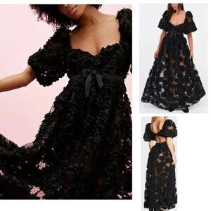 NEW FOR LOVE & LEMONS ASTRID BLACK FLORAL MESH SHEER MAXI DRESS SZ S